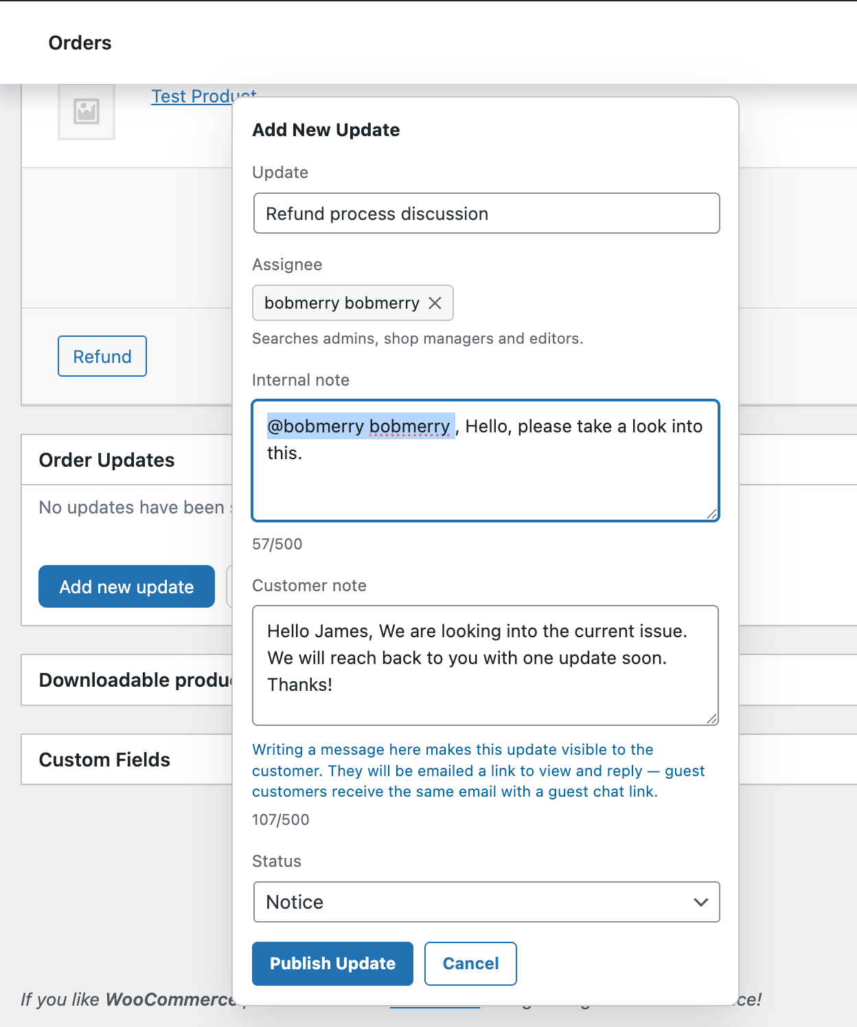The Add New Update modal on an order edit screen.