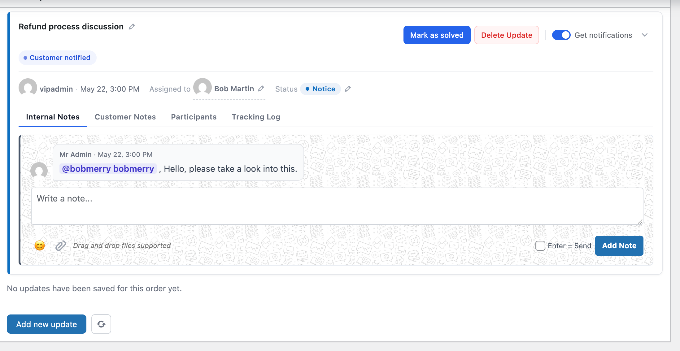 A published update card showing the title, status pill, assignee chip, action buttons, and the four tabs.