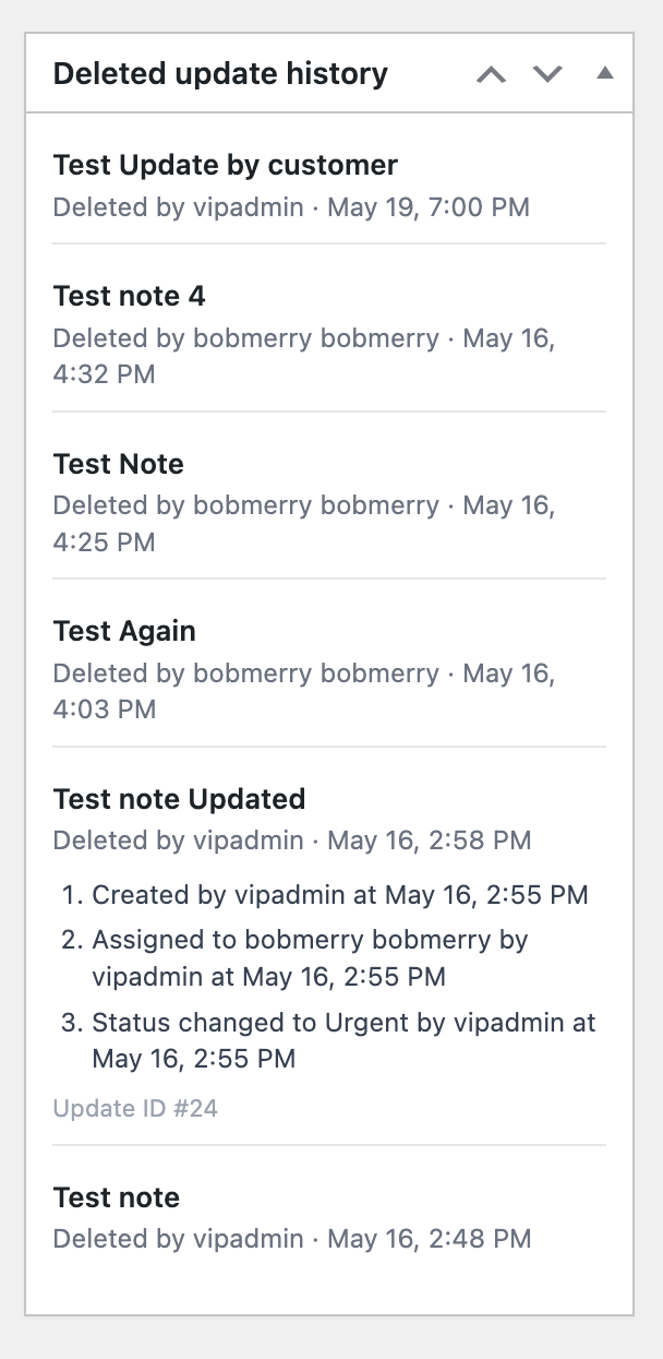 The Deleted Updates history meta box showing past deletions with timestamps and the full event trail for each.