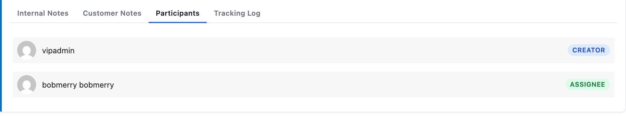 The Participants tab listing the assignee, mentioned users, and anyone who's posted in the thread.