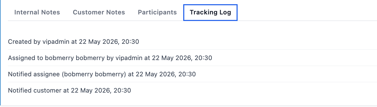 The Tracking Log tab showing the full lifecycle of an update with timestamped events.