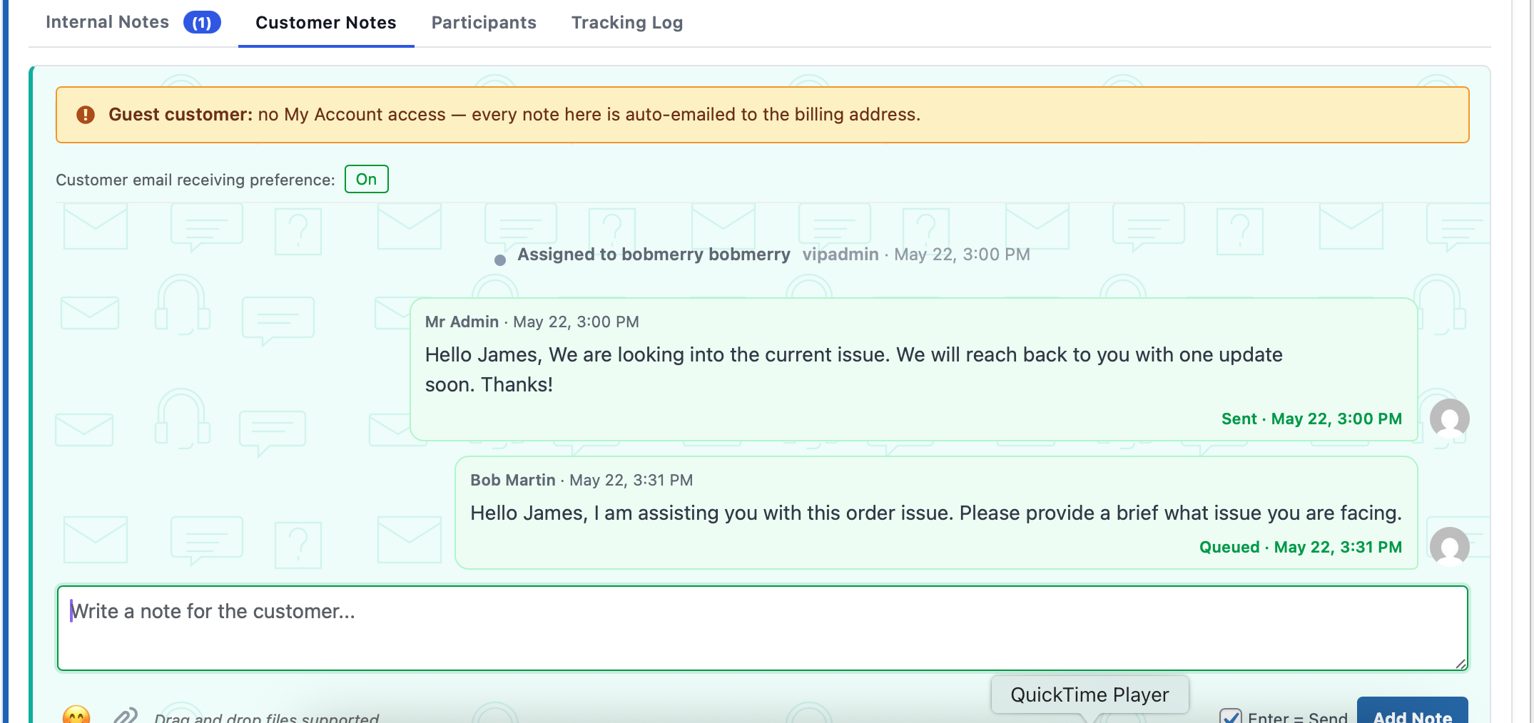 An admin replying to a customer note from the order edit page.