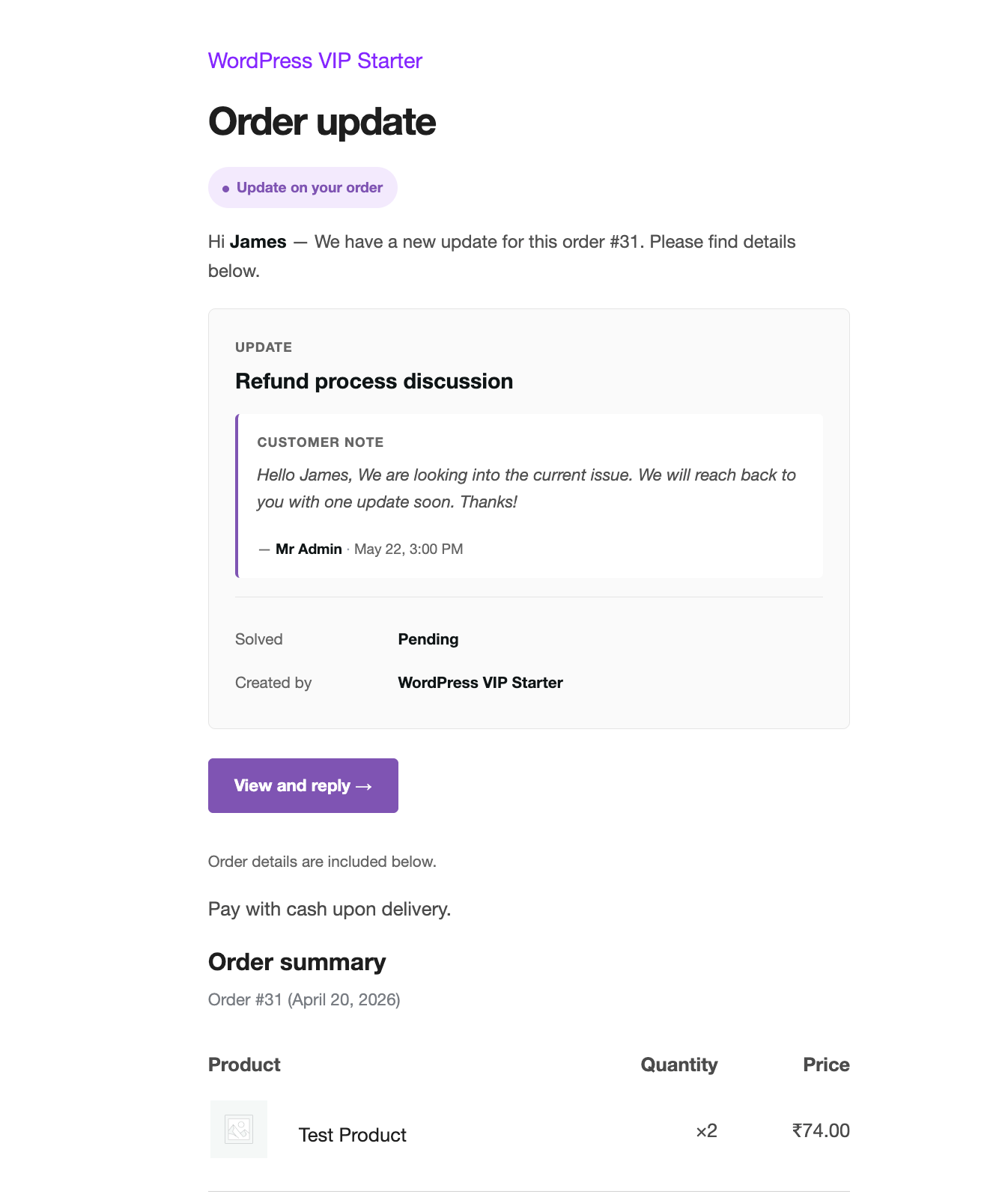 The customer notification email body.