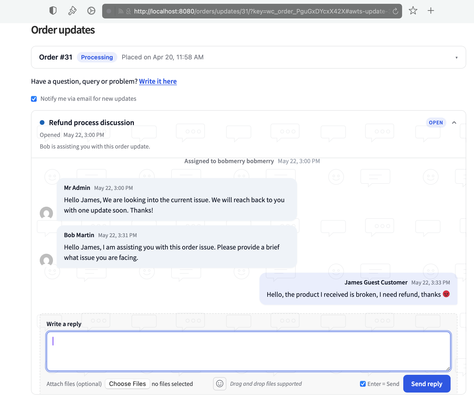 A guest customer viewing and replying to an update via a hashed order_key URL.