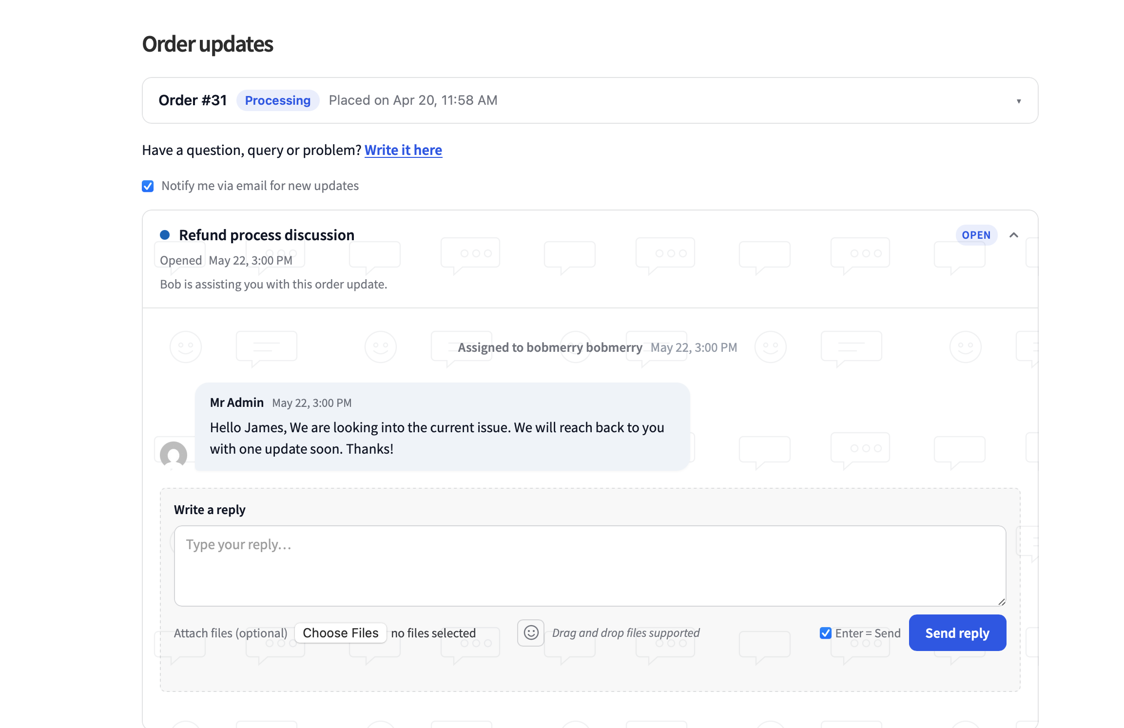 The customer-facing portal showing an open update with a reply composer.