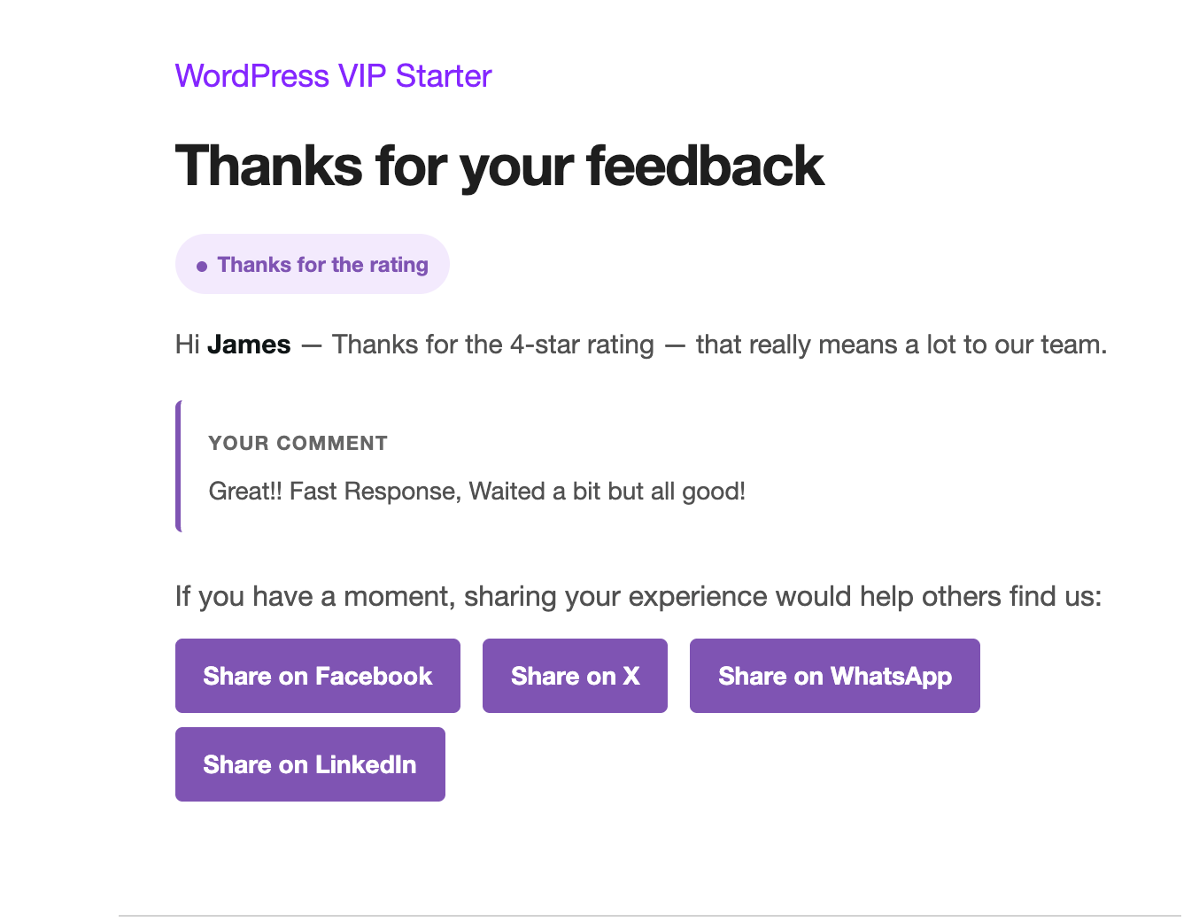 The promoter follow-up email body with a thanks message, the customer's comment, and four social share buttons.
