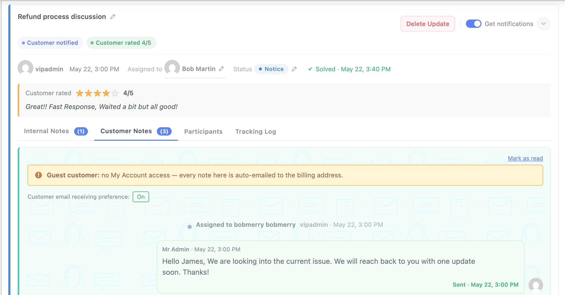 The admin view of a rated update, showing the star count, comment, and that the thread is now read-only.