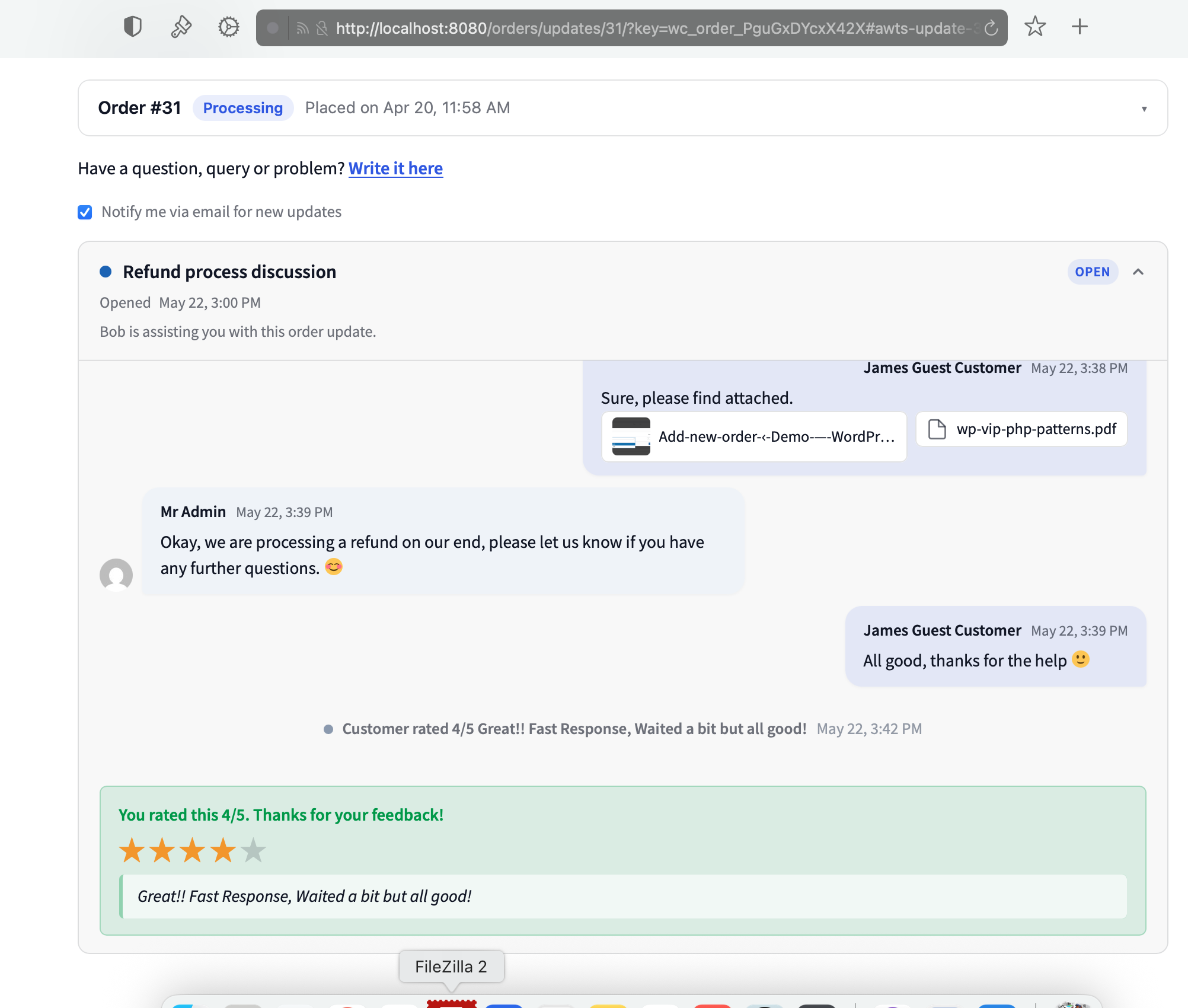 The customer-side view after a rating has been submitted, showing the star count and a thank-you message.