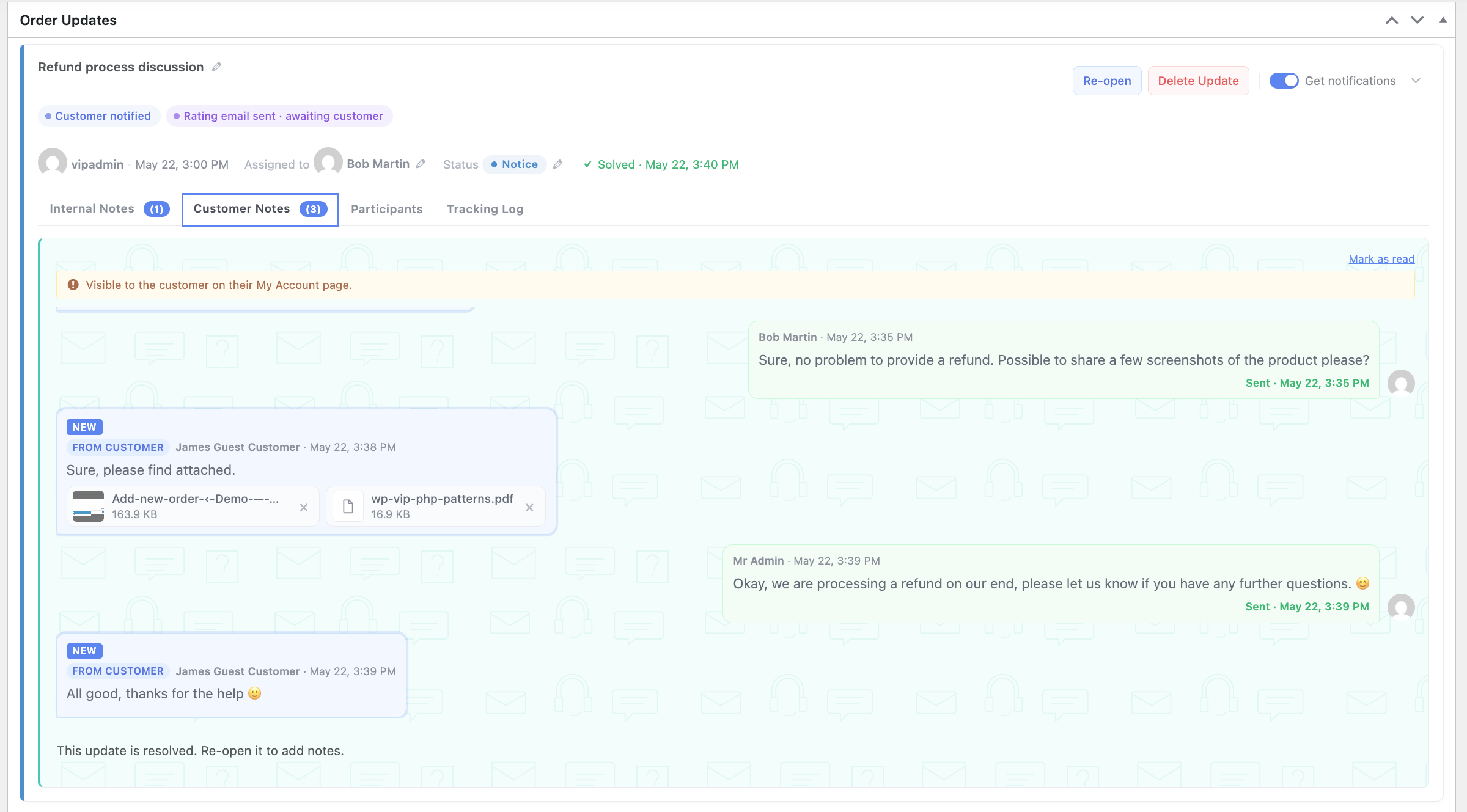 An update marked as solved on the admin order edit page.