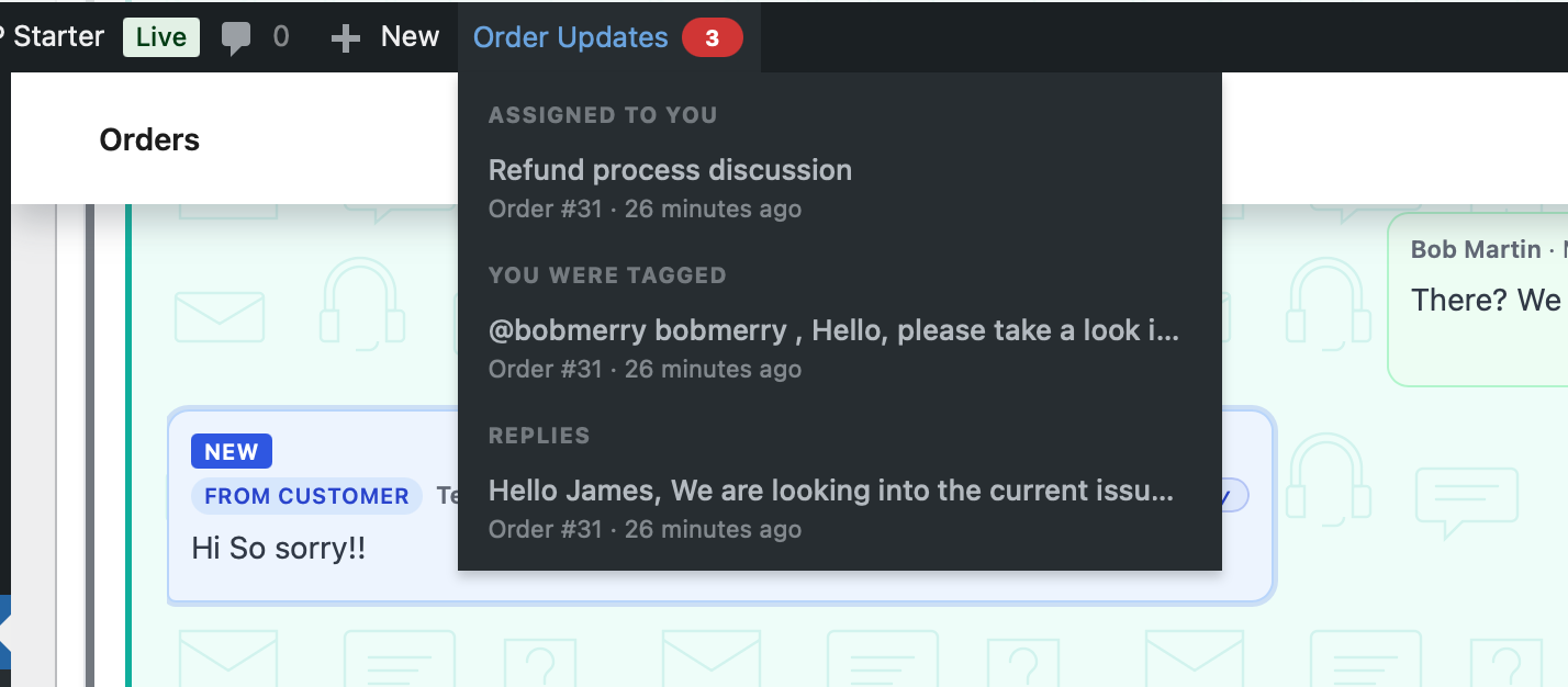 The admin bar dropdown showing recent mentions and assignments.