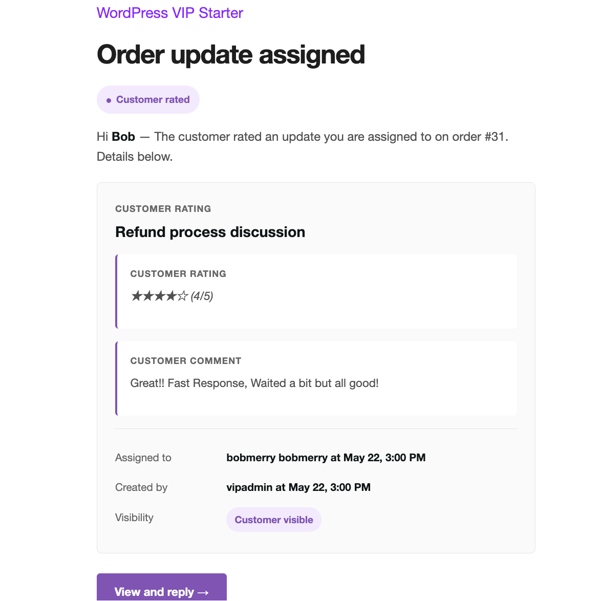 An assignee email notifying that the customer has rated the assigned update, with the star count and comment.