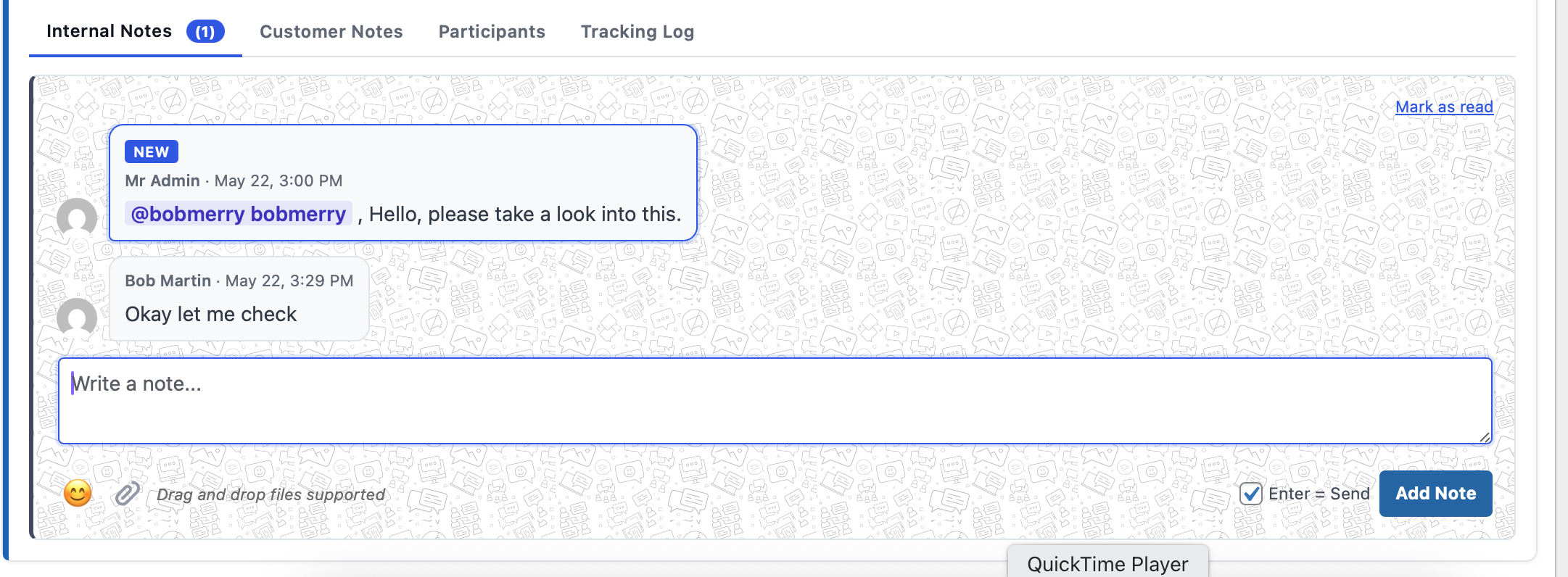 An admin replying to an internal note thread on the order edit page.