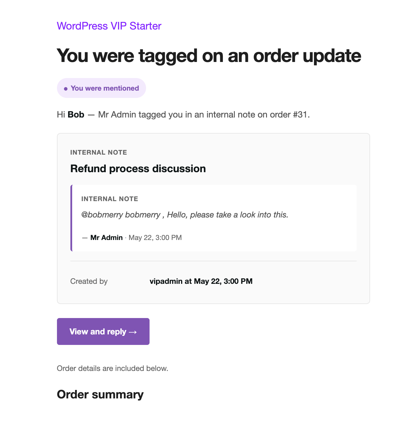 The @mention notification email with the highlighted mention and a link to the update.