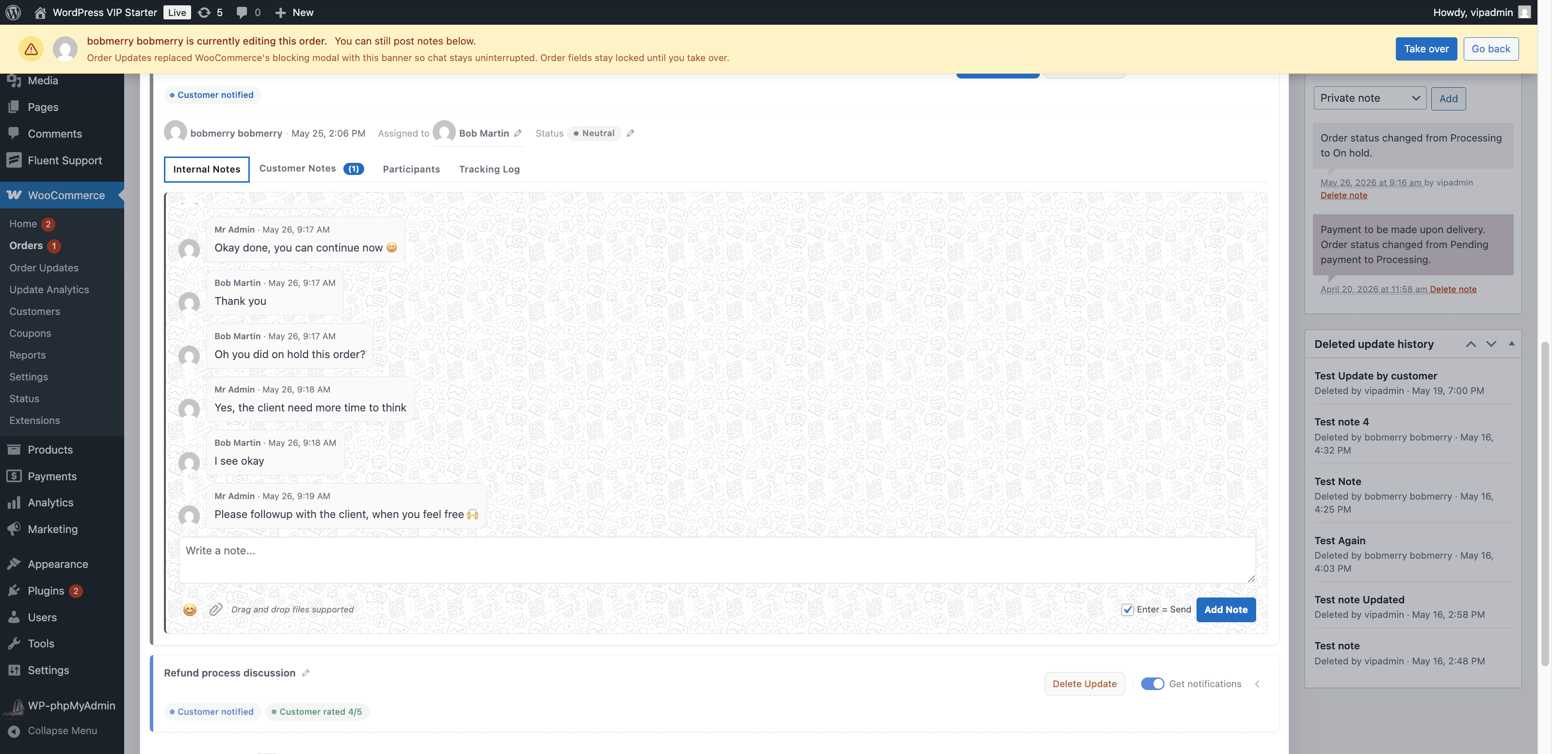 The Order Updates lock banner at the top of an order edit page, dimming the order fields but leaving the notes thread fully interactive.