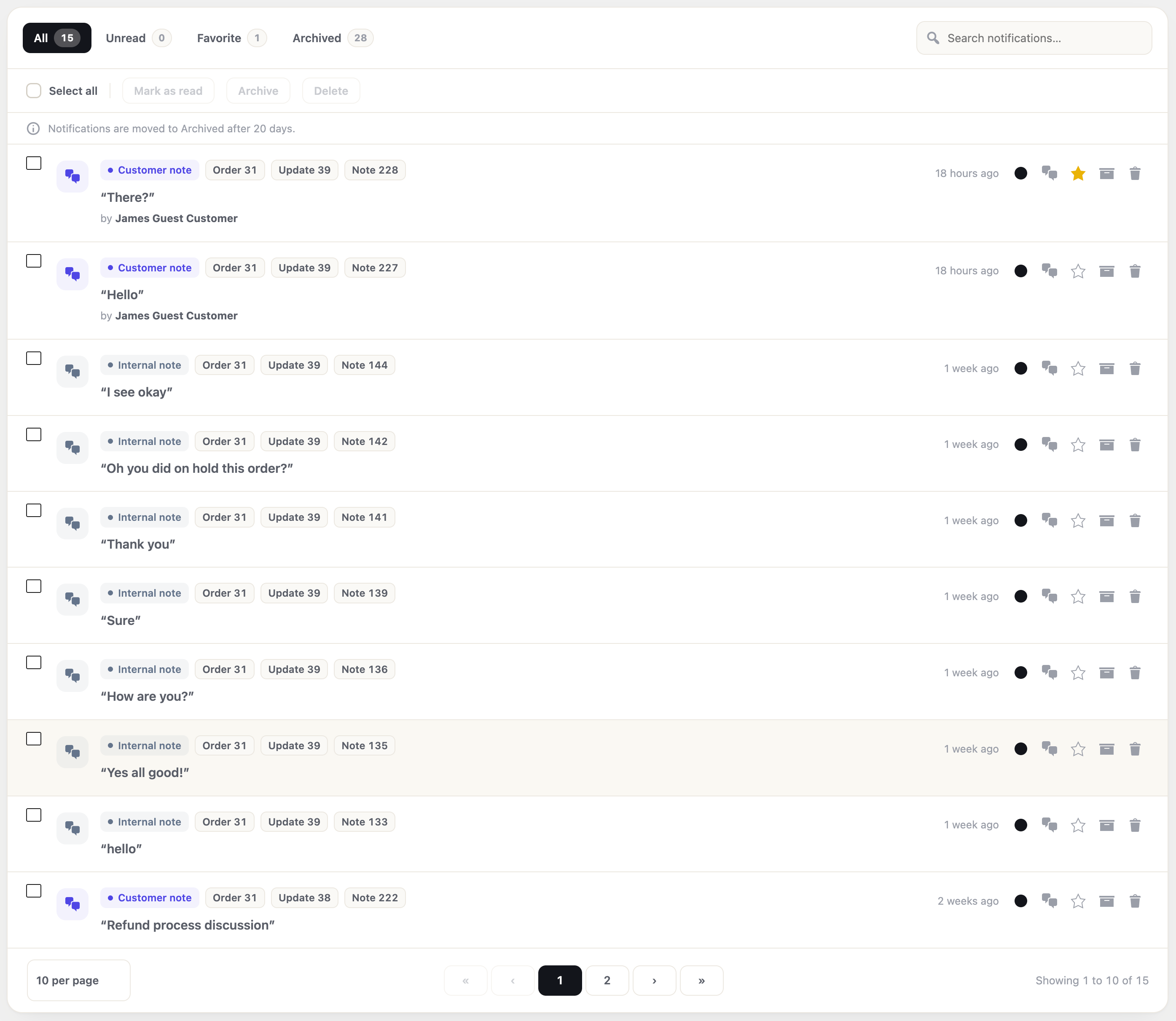 The Notifications &ldquo;Show all&rdquo; page with All, Unread, Favorite and Archived tabs, plus per-row read, favorite, archive and delete controls.