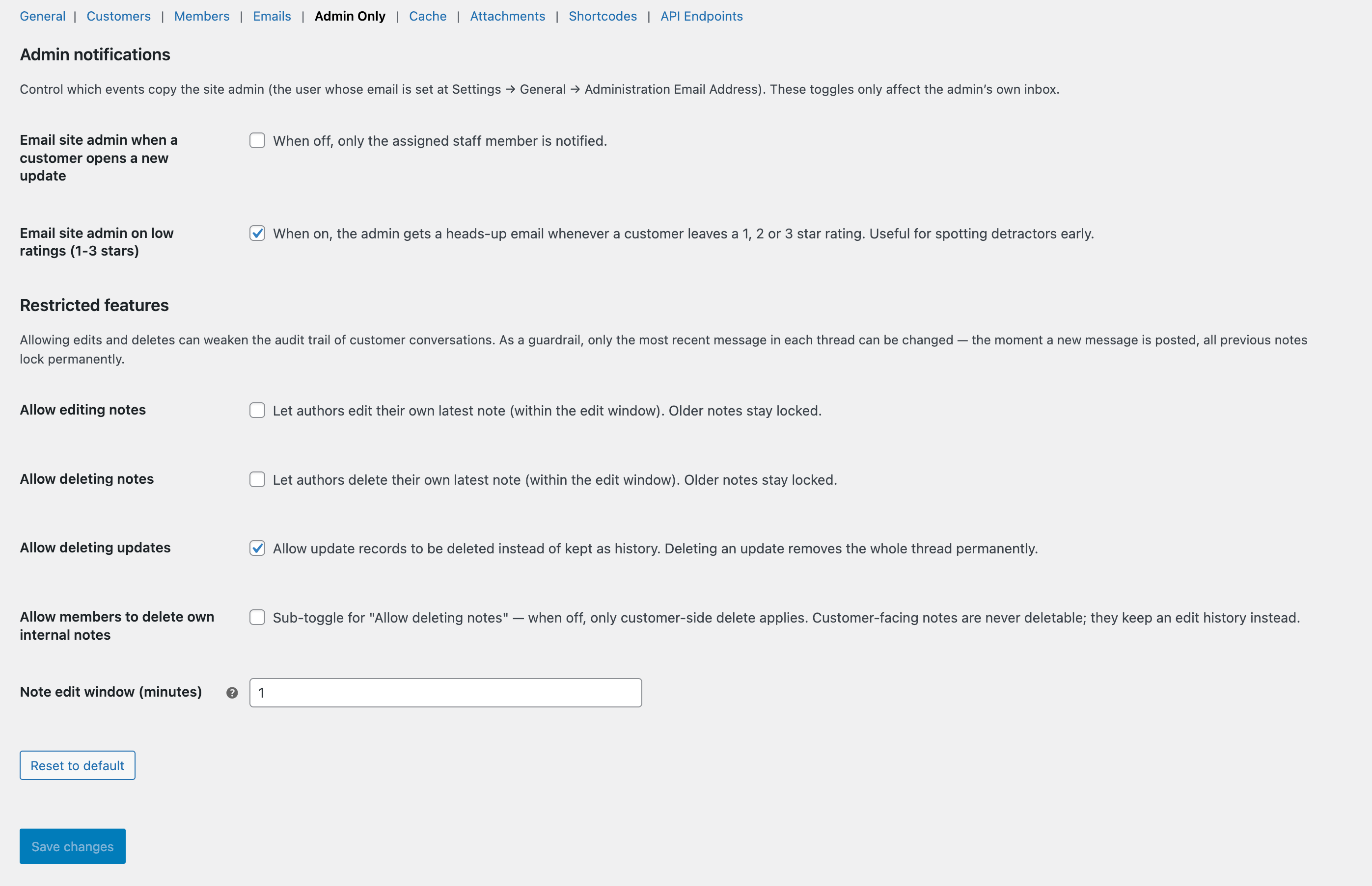 The Settings → Admin Only tab with advanced developer toggles and capability gates.