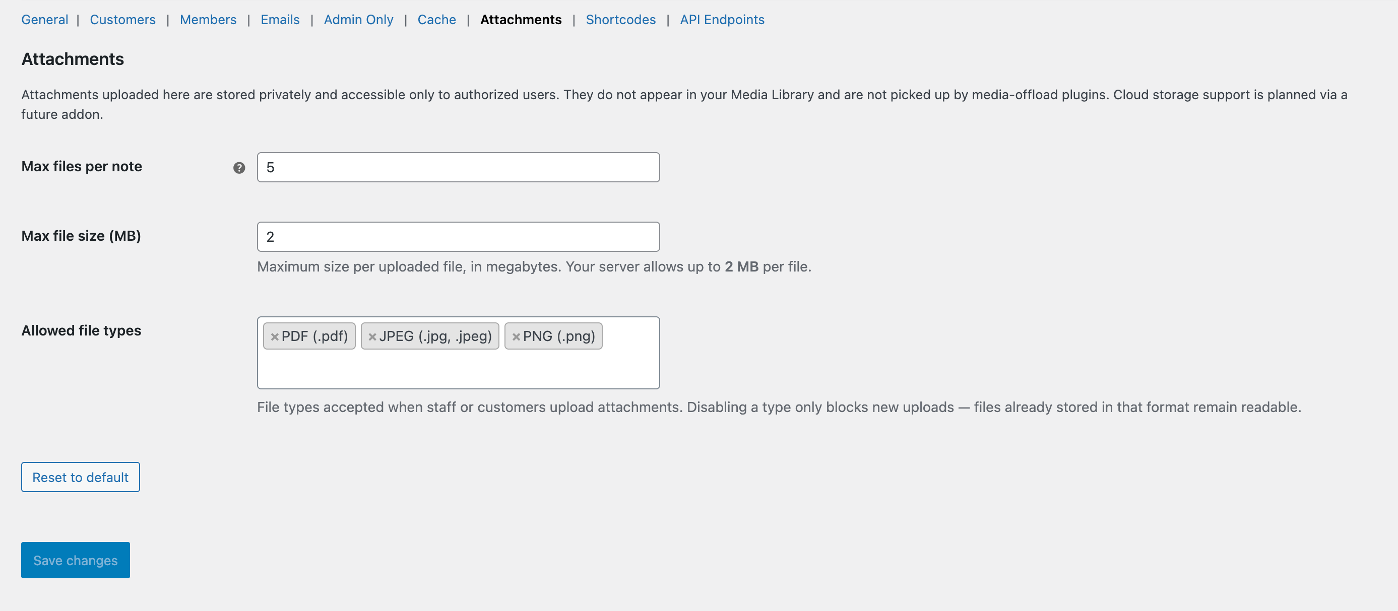 The Settings → Attachments tab with the MIME allowlist, size limit, and signed-URL TTL.