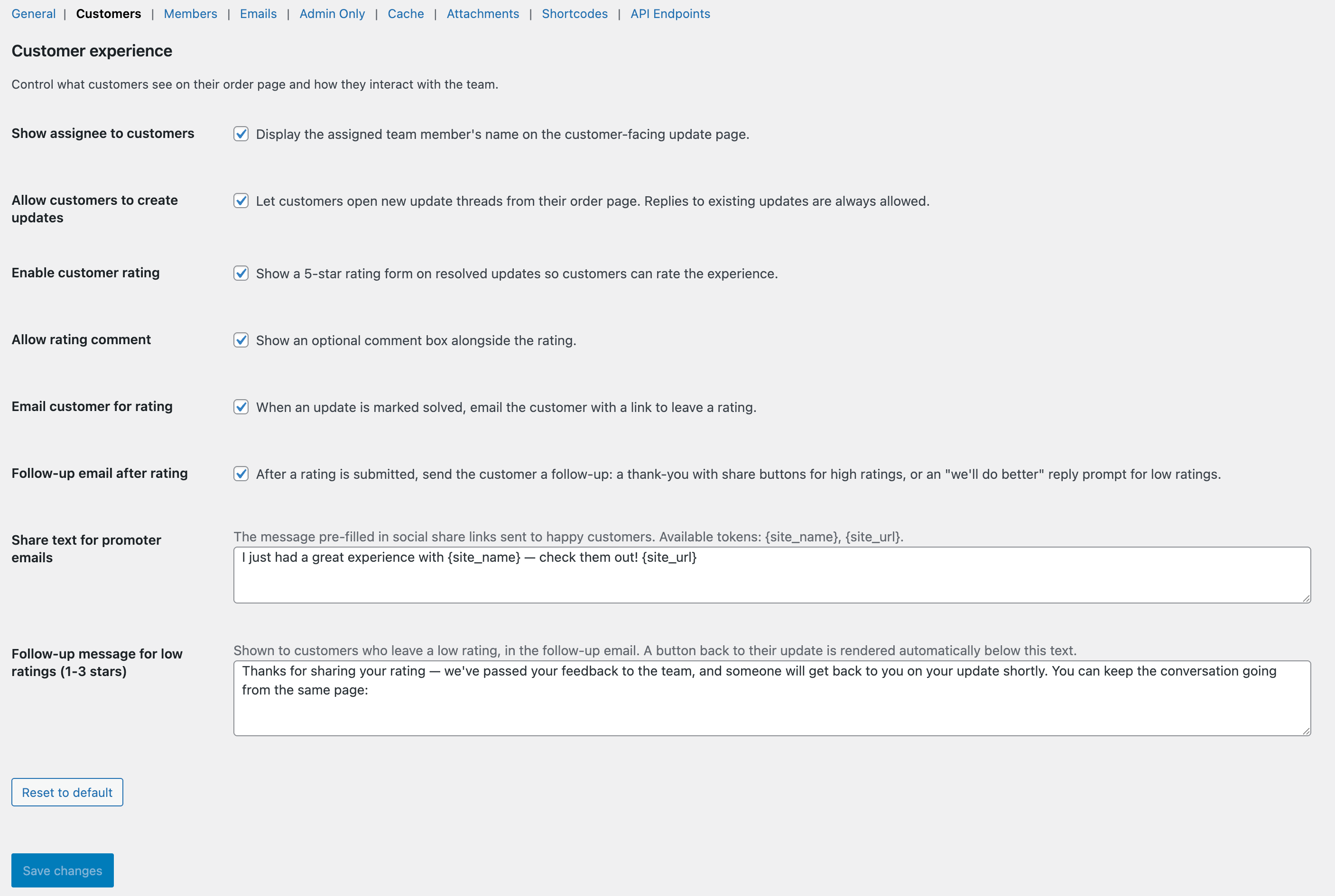 The Settings → Customer tab with controls for customer-side capabilities.