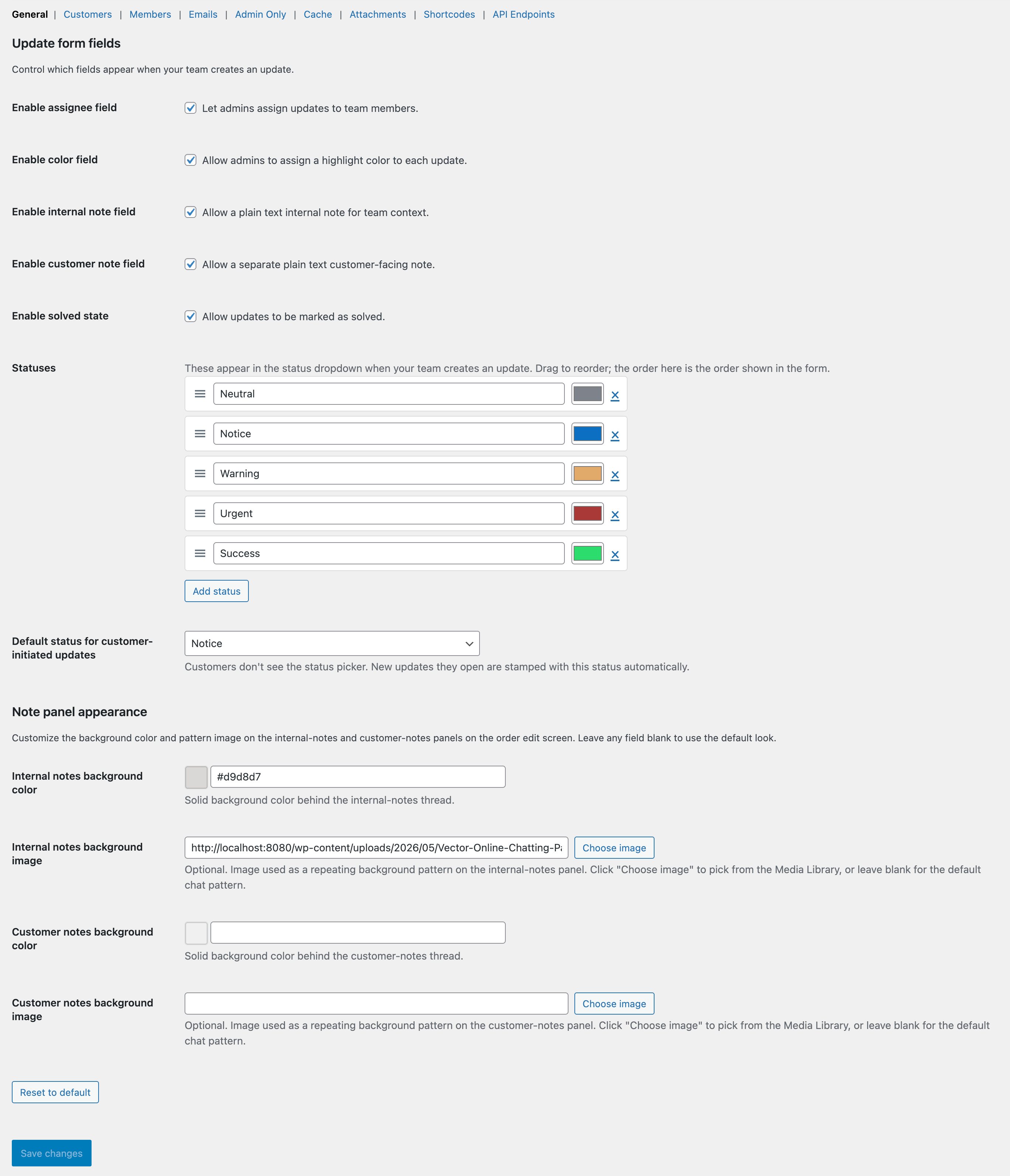 The Settings → General tab with the main feature toggles.