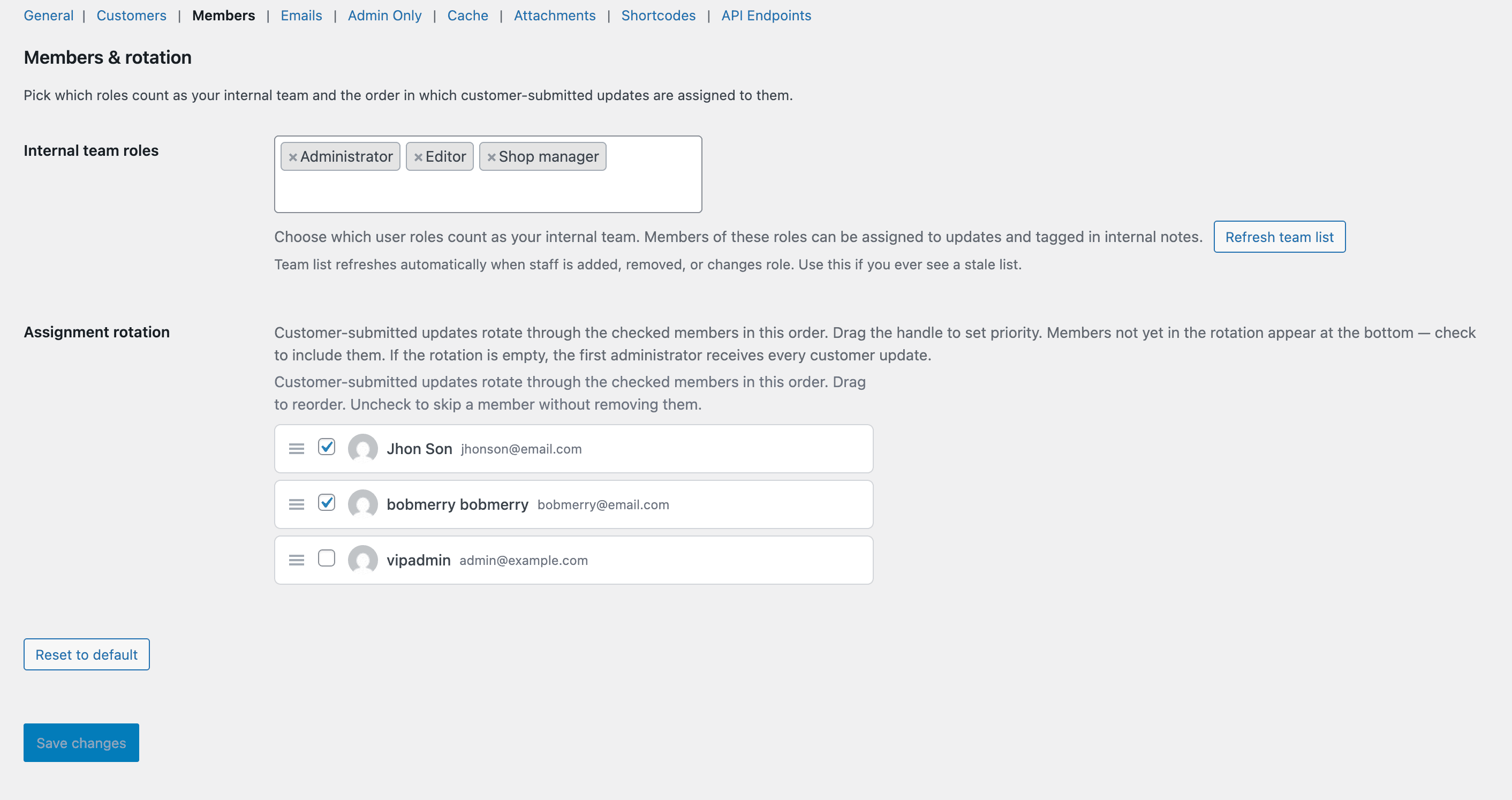 The Settings → Members tab with the team-member pool and role gates.