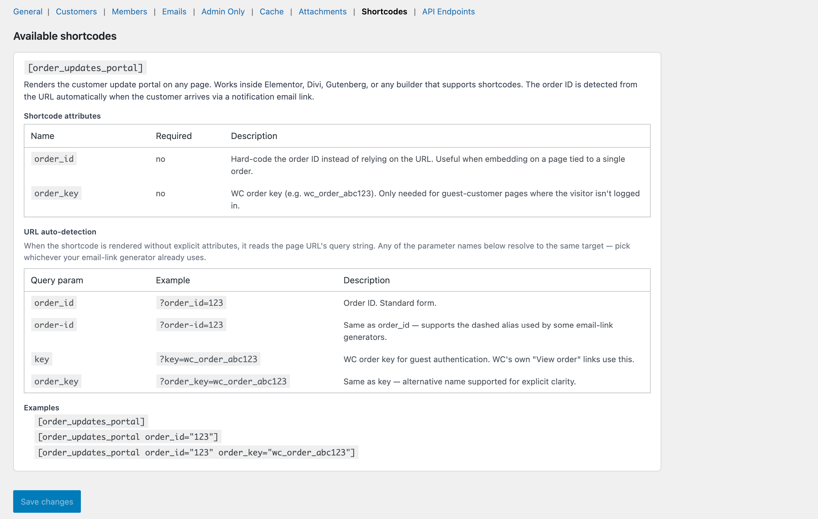 The Settings → Shortcodes tab listing each shortcode with its attributes and example usage.
